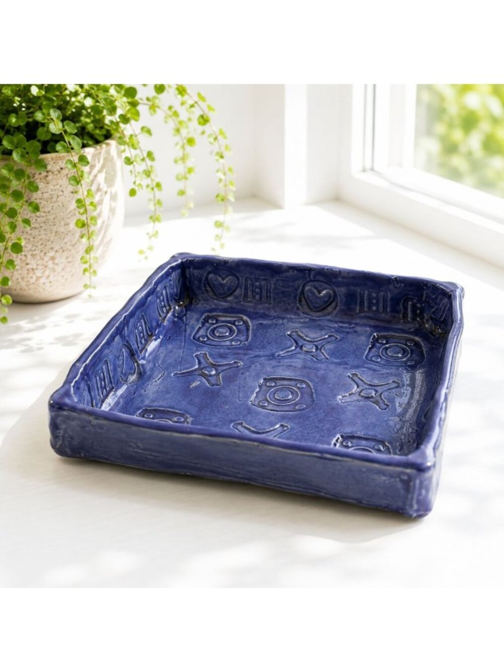 Handcrafted Cobalt Blue Pottery Trinket Dish Artisan Ceramic Catchall Tray Rusti